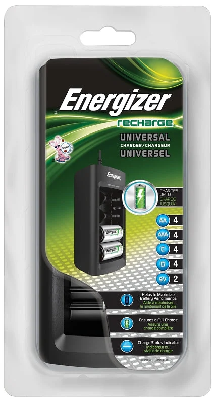 Energizer Recharge CHFC Universal Charger, 1.1 A Charge, 12 VDC Output, AA, AAA, C, D Battery, 4-Battery, Black/Silver