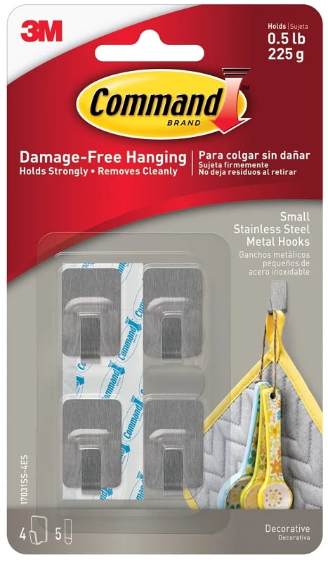 Command 17031SS-4ES Small Hook, 0.5 lb, 4 -Hook, Metal, Gray, Stainless Steel, Pack of 4