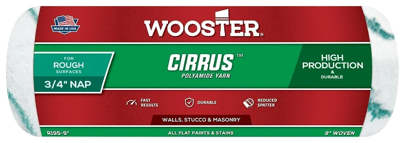 Wooster R195-9 Roller Cover, 3/4 in Thick Nap, 9 in L, Polyamide Yarn Fabric Cover, White