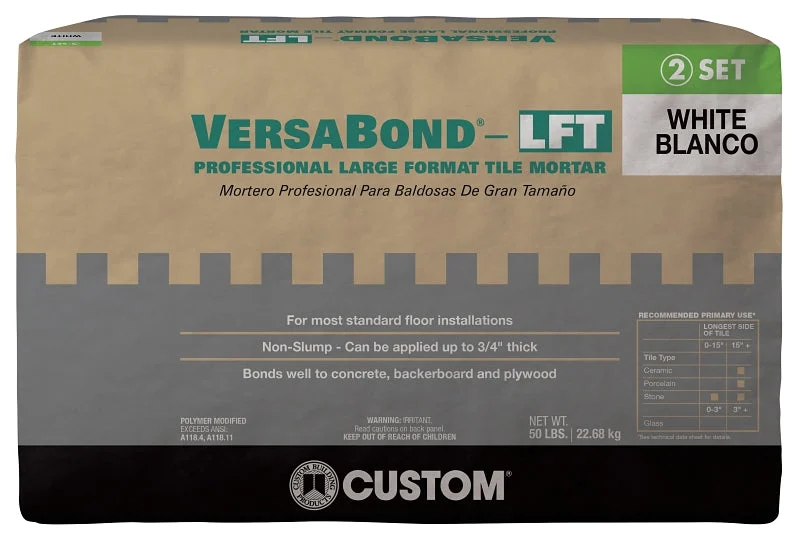 Custom VersaBond Series VBLFTMW50 Tile Mortar, White, Solid, 50 lb, Bag