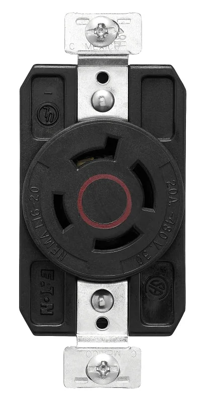 Arrow Hart AHCL1620R Locking Single Receptacle, 3-Pole, 480 VAC, 20 A, Back Wiring, NEMA: NEMA L16-20, Black/Red