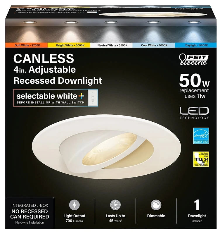 Feit Electric LEDR4XT/ADJ/6WYCA LED Downlight, 11 W, 120 V, LED Lamp, Aluminum/Plastic, White, Frosted, Pack of 4