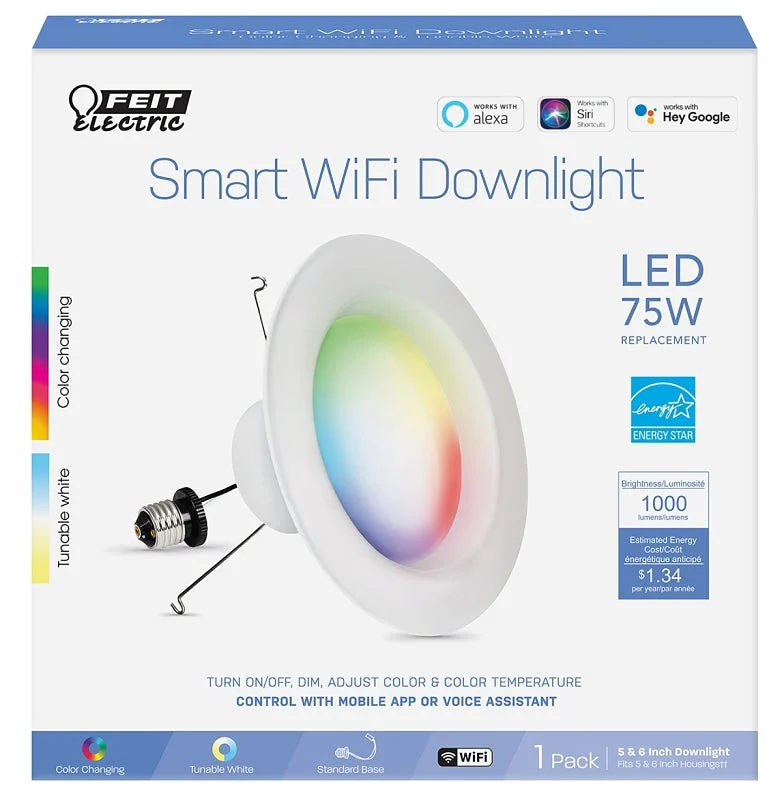 Feit Electric LEDR6/RGBW/AG/RP Smart Downlight, 11.1 W, 120 V, LED Lamp, 1000 Lumens, 6500 K Color Temp, Recessed, Pack of 3