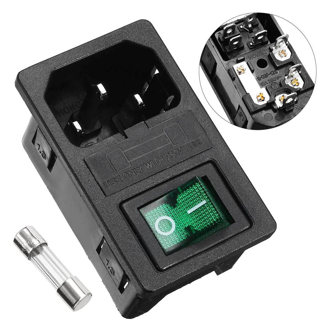Uxcell Green Rocker Switch Fuse Holer IEC320 C14 4P DPST Male Power Socket AC250V 10A
