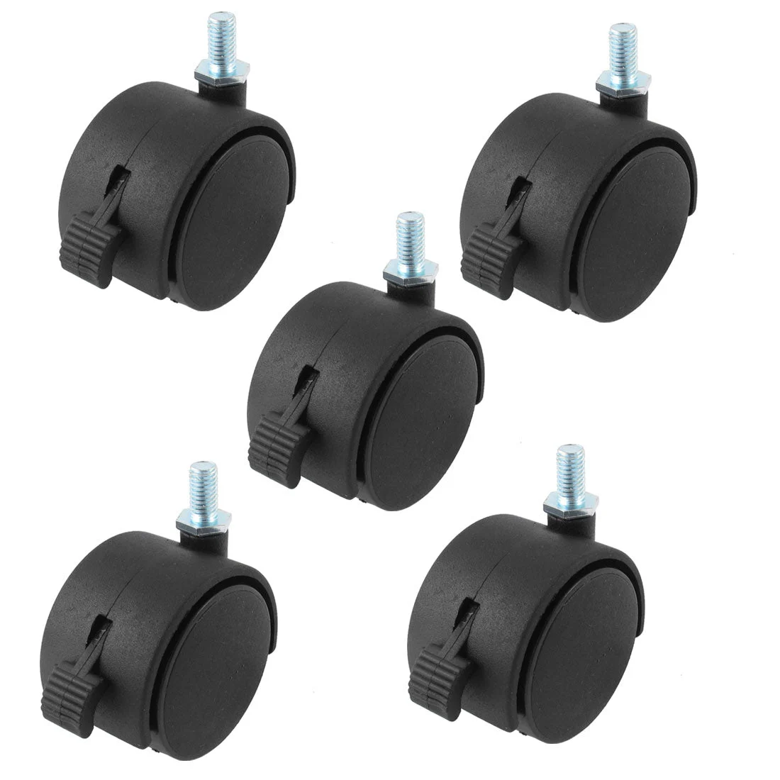 Black Nylon 2" Twin Wheel M8 x 15mm Threaded Stem Brake Swivel Casters 5pcs