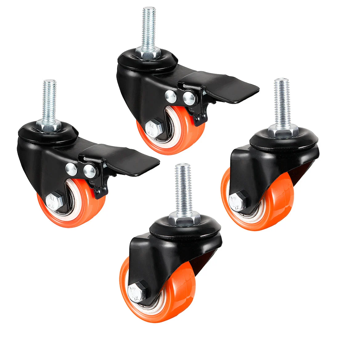 1.5 Inch Swivel Caster Wheel PU Threaded Stem 4 Pcs(2 with Brake, 2 No Brake)