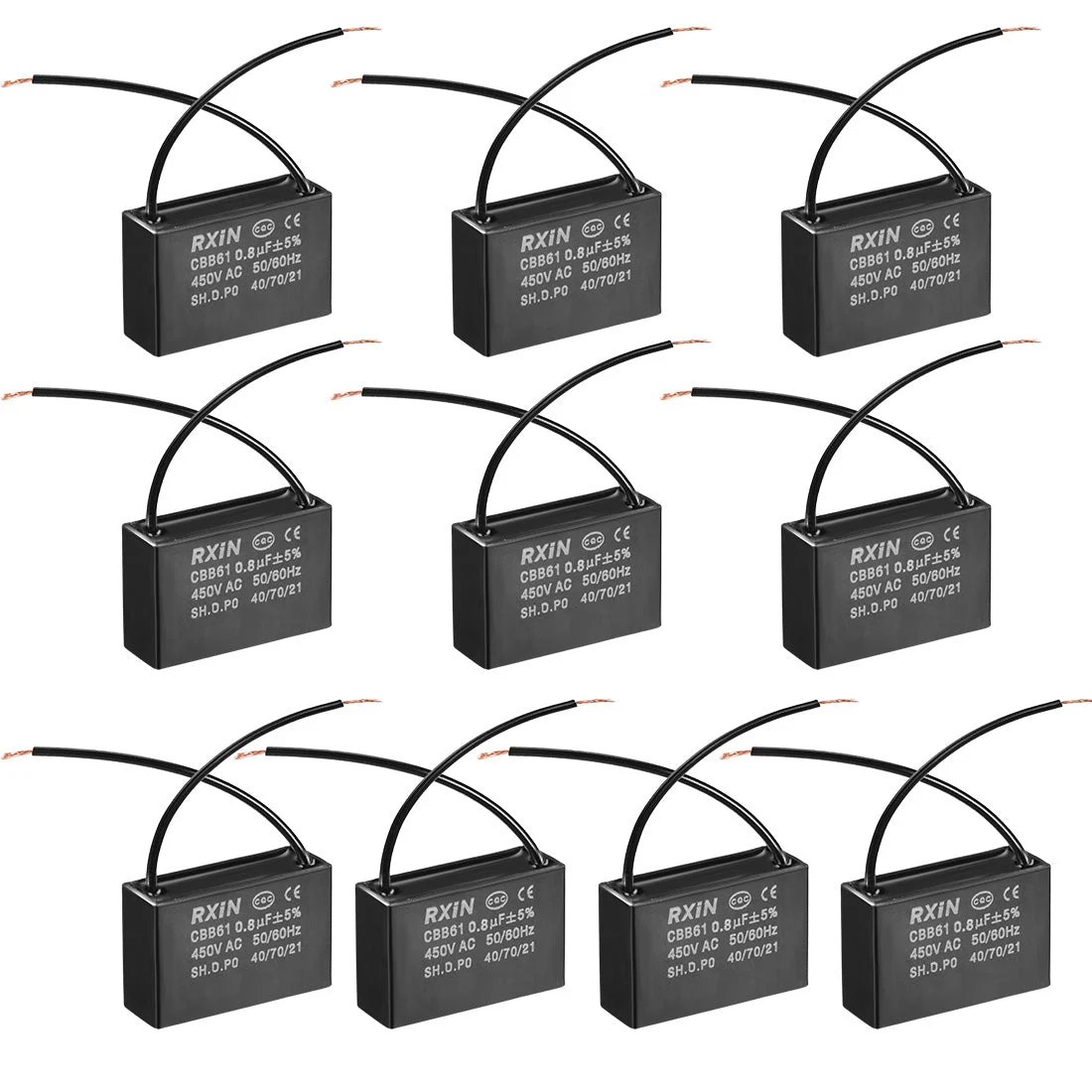 CBB61 Run Capacitor 450V AC 0.8uF 2 Cable Metallized Polypropylene Film Capacitors for Ceiling Fan 10pcs