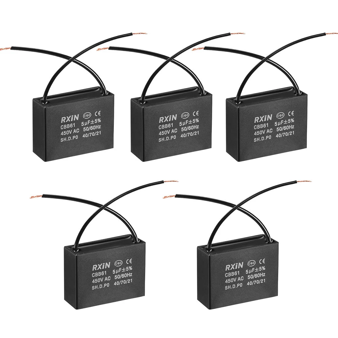 CBB61 Run Capacitor 450V AC 5uF 2 Wires Metallized Polypropylene Film Capacitors for Ceiling Fan 5pcs