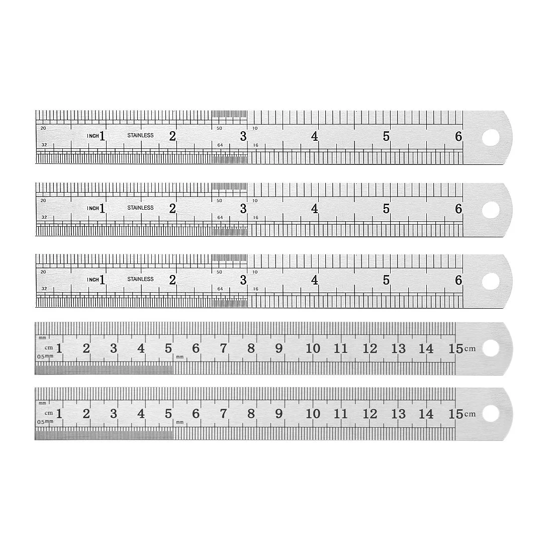 Straight Ruler 150mm 6 Inch Metric Stainless Steel Measuring Ruler Tool with Hanging Hole 5pcs