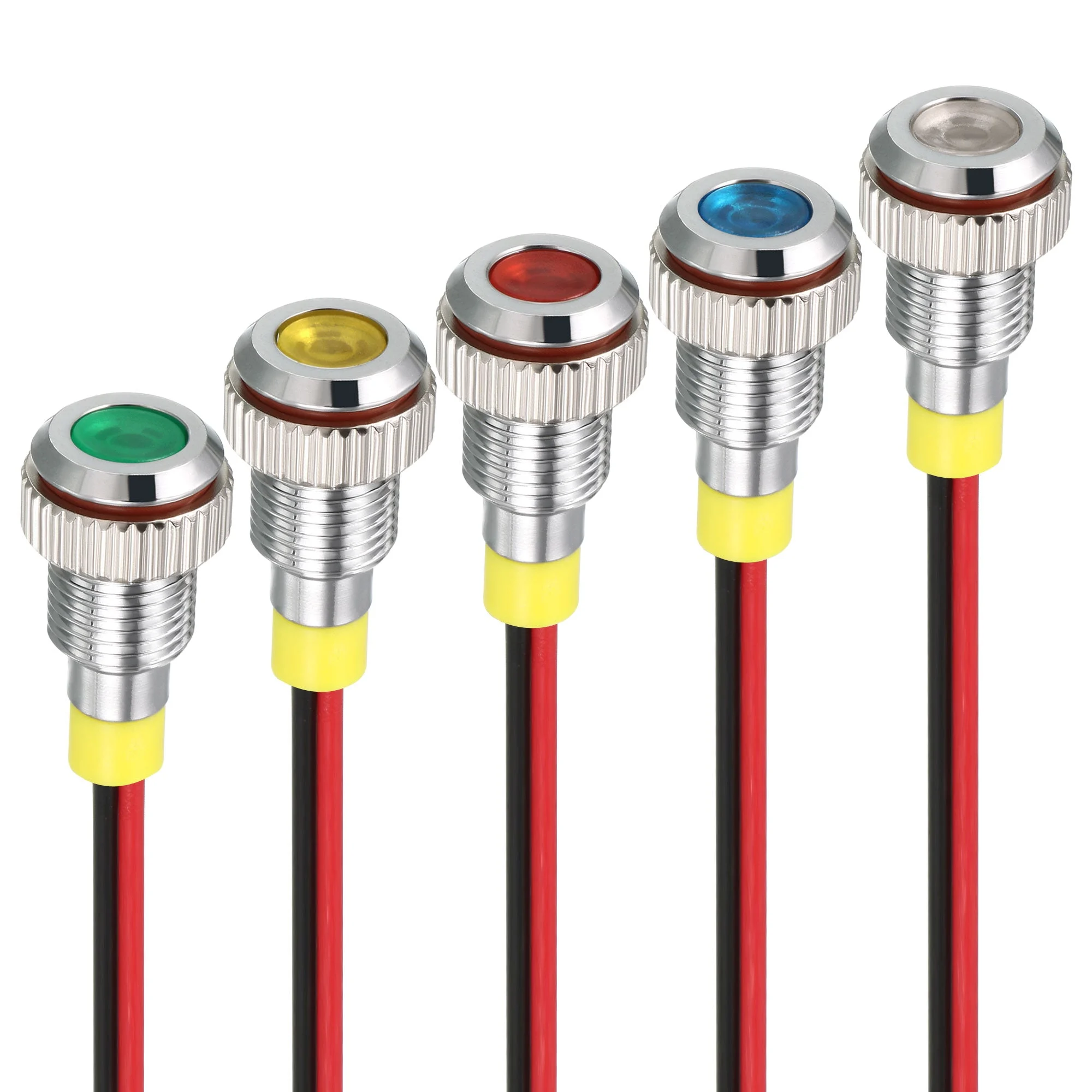 Signal Indicator Light AC/DC 110V 8mm Dash Lamp Flush Panel Mount Metal Shell White Red Yellow Blue Green 5Pcs