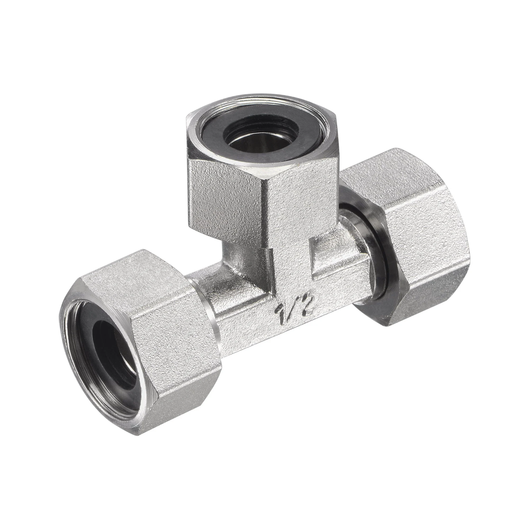 Pipe Fitting Tee G1/2 Female Thread 3 Way T Shape Swivel Nut Hose Connector Adapter, Nickel-Plated Copper