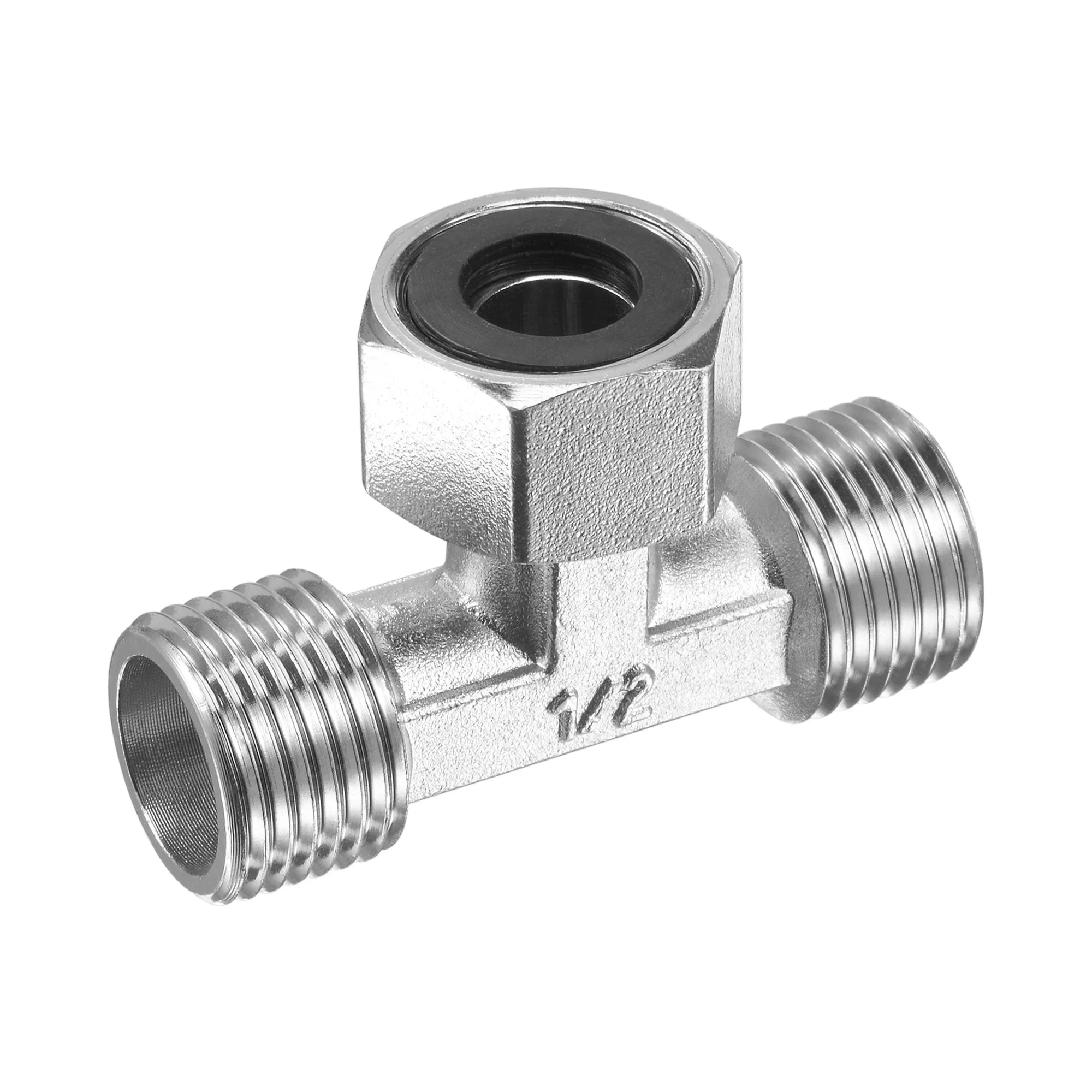 Pipe Fitting Tee G1/2 2 Male to 1 Female Thread 3 Way T Shape Swivel Nut Hose Adapter Connector, Nickel-Plated Copper