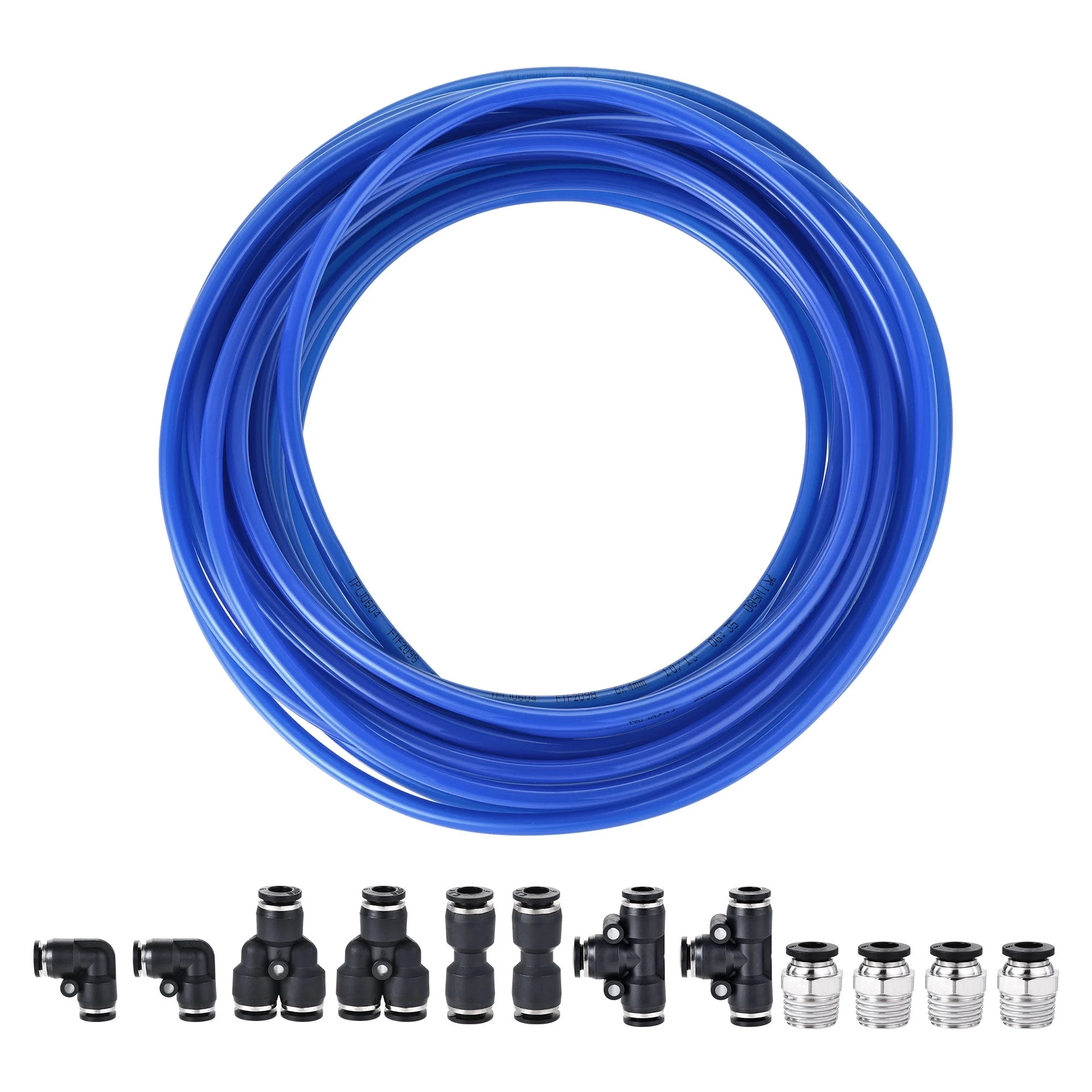 Pneumatic 6mm OD PU Air Hose Tubing Kit 10 Meters Blue with 12 Pcs Push to Connect Fittings