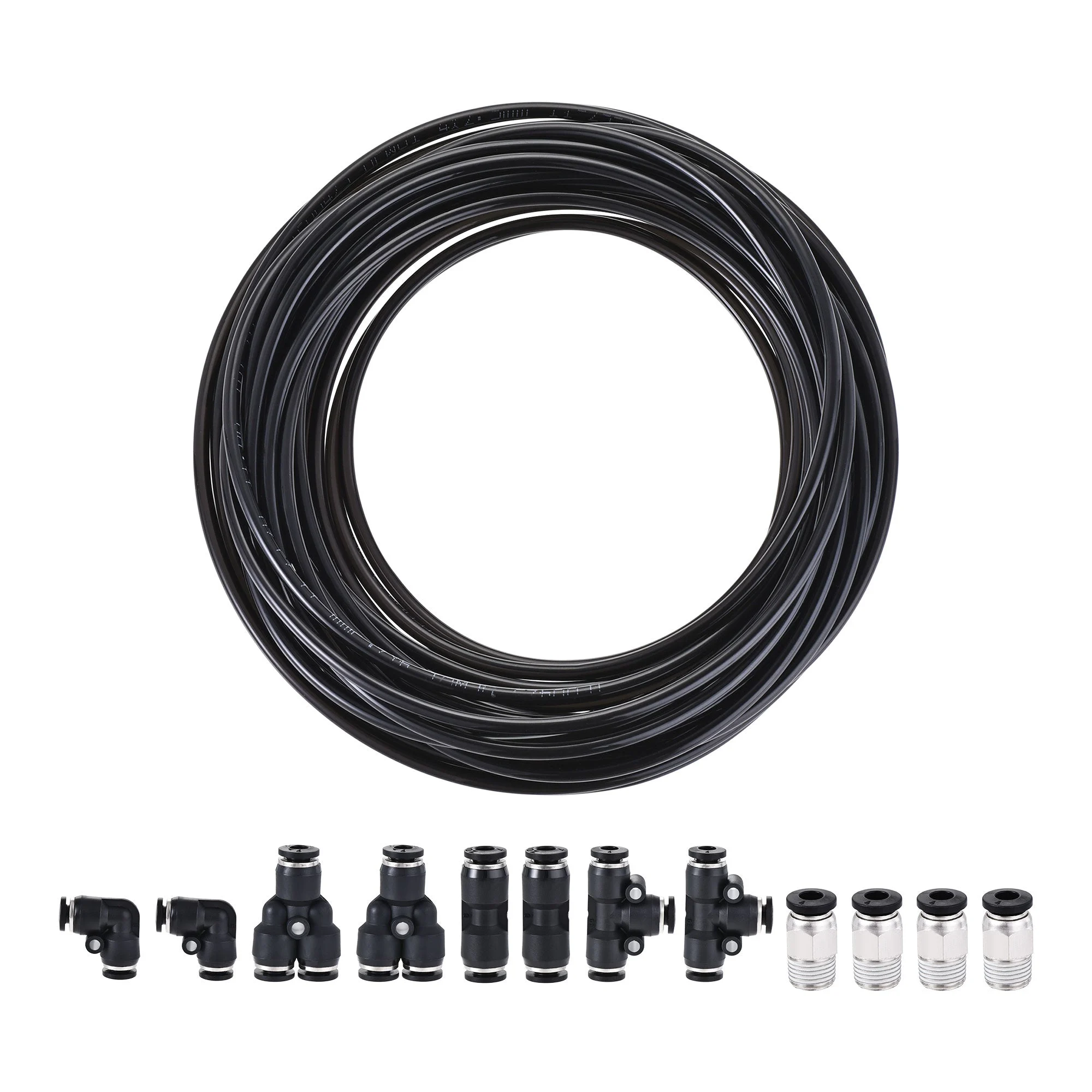 Pneumatic 4mm OD PU Air Hose Tubing Kit 10M Black with Push to Connect Fittings