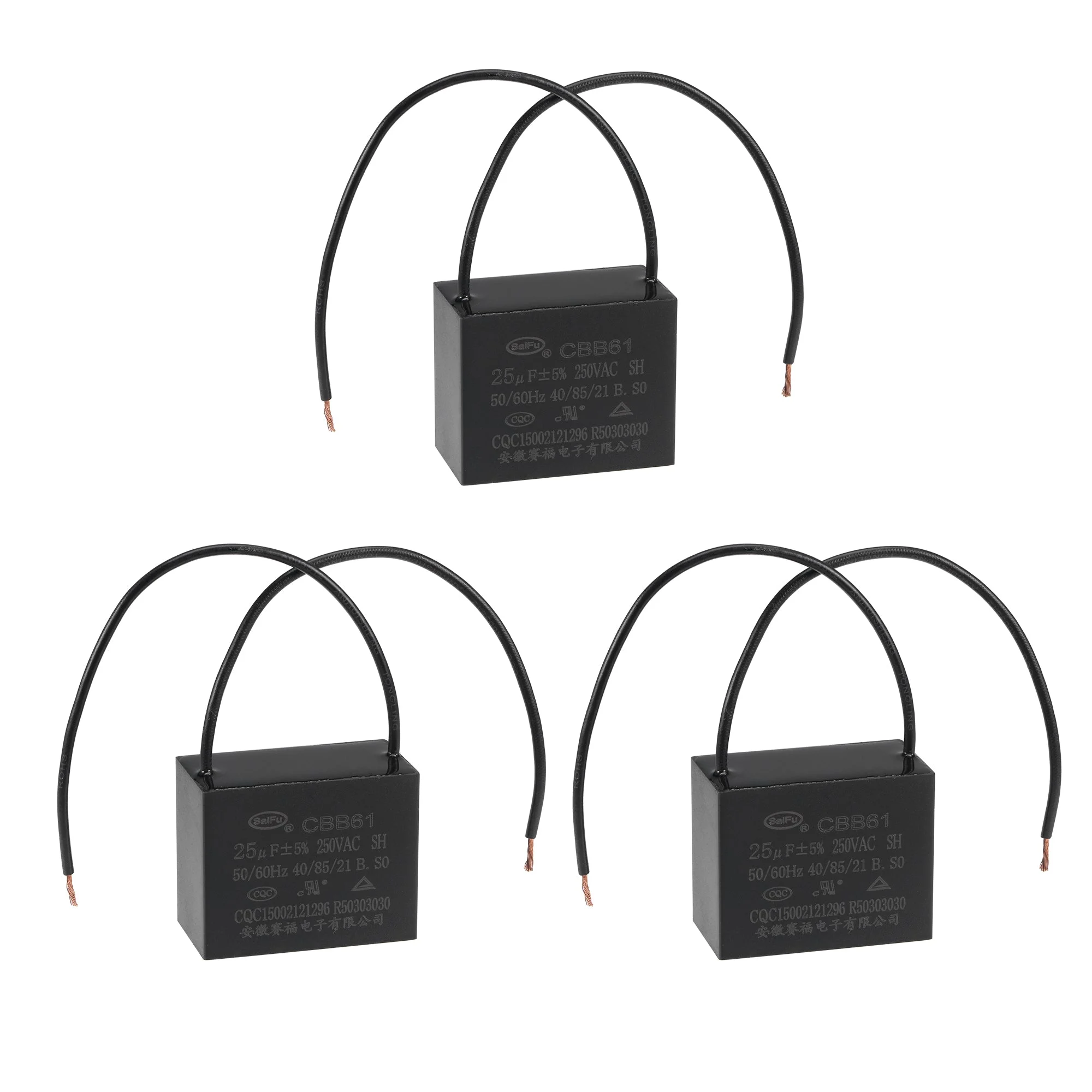 Ceiling Fan Capacitor CBB61 25uF 250V AC 2 Wires Metallized Polypropylene Film Capacitor 48x38x26mm for Electric Fan Pump Motor Generator 3Pcs