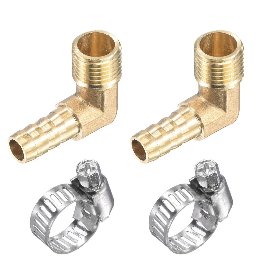 Uxcell Brass Hose Barb Fitting Elbow 8mm x G1/2 Male Thread Right Angle Pipe Connector with Stainless Steel Hose Clamp, Pack of 2