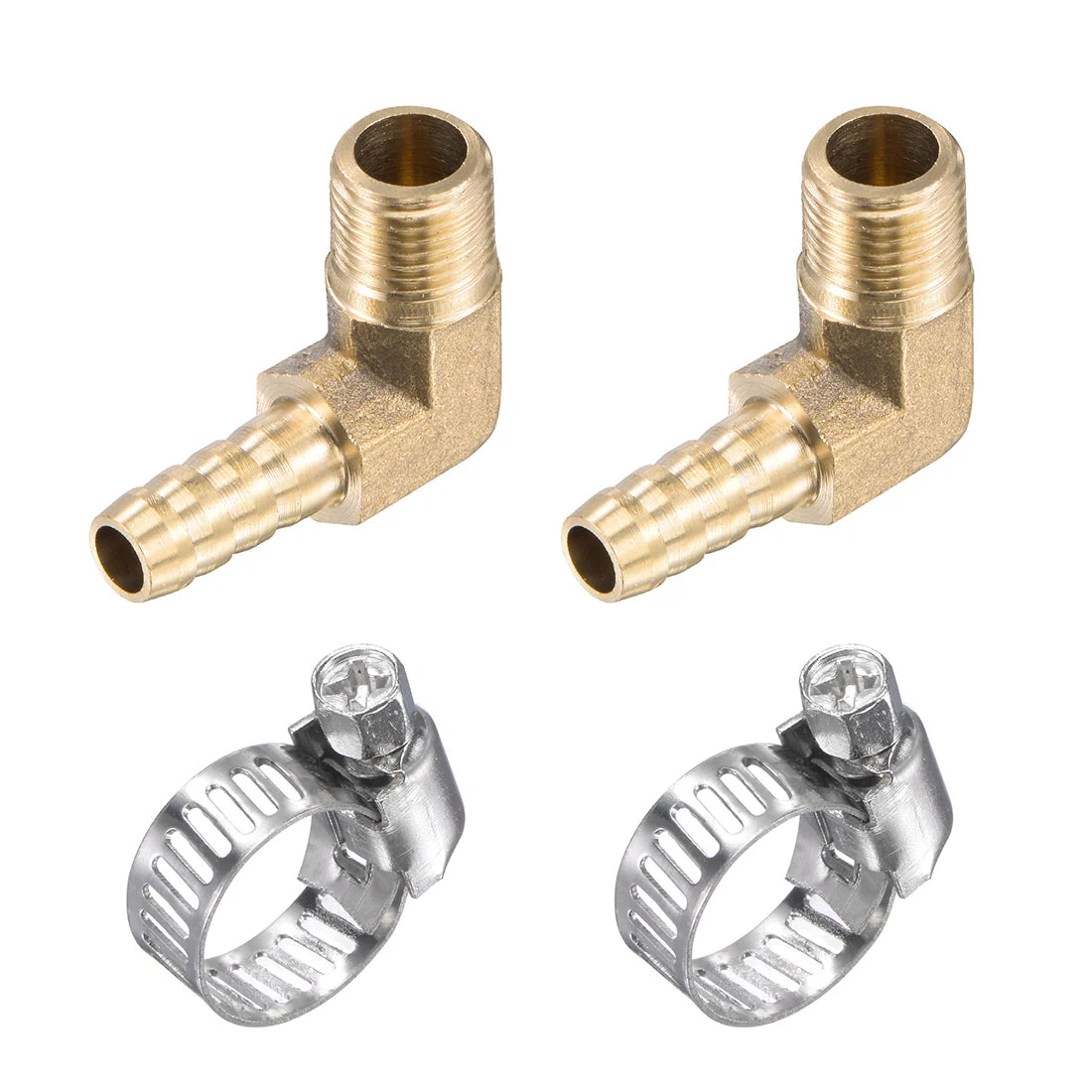Uxcell Brass Hose Barb Fitting Elbow 6mm x G3/8 Male Thread Right Angle Pipe Connector with Stainless Steel Hose Clamp, Pack of 2